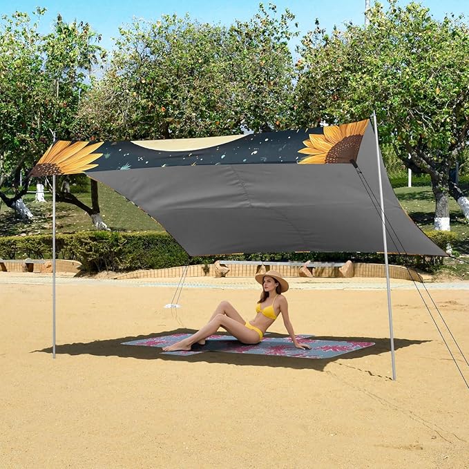 ALAZA Sloth Sunflower Moon Beach Tent Sun Shelter Portable Canopy Sunshade for Outdoor Camping Picnics Backyard Fun 10x9 ft