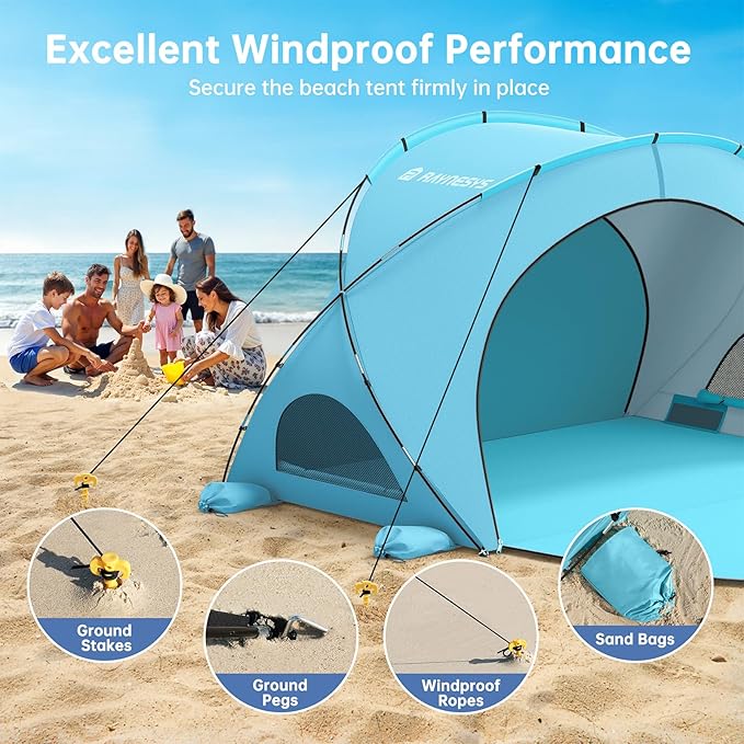 Raynesys Beach Tent Sun Shelter Beach Shade Tent with UPF50+ UV Protection Sun Shelter for 1-6 Person Beaches Shade with 2 Zippered Doors Portable Tents for Camping Fishing Light Blue