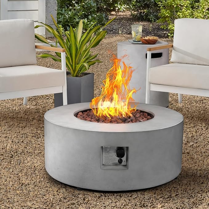 36inch Round Concrete Fire Pit Table with Propane Tank Cover 50000 BTU Outdoor Fire Table Modern Firepit Natural Gas Firepits with Steel Lid Rain Cover for Backyard Deck