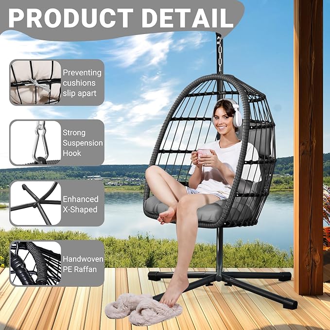 LEVELEVE Egg Chair with StandPatio Rattan Wicker Hanging Swing Egg Chair Hammock Chair for Bedroom Porch GardenThickened Aluminum Alloy Steel Frame and UV Resistant Cushion350LBS Capacity