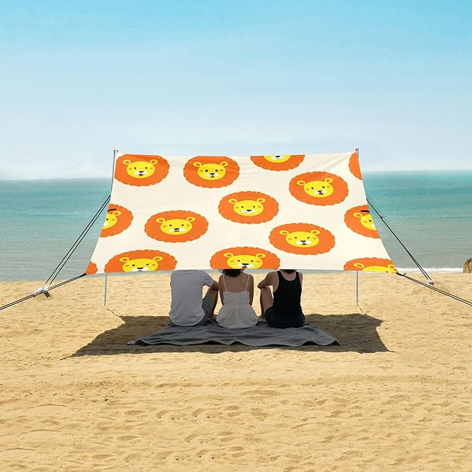 Lion Beach Canopy Sun Shelter with Sandbags &amp Sand Shovel &amp Windproof Ropes - Portable 110x126 Beach Shade Beach Tent for Camping Picnics
