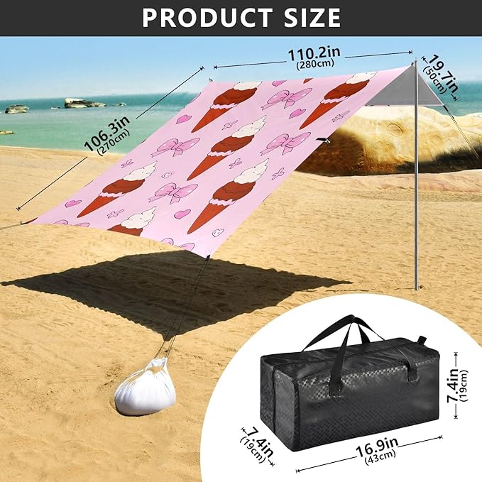 ALAZA Pink Bow Ice Cream Pattern Beach Tent Sun Shelter Portable Canopy Sunshade for Outdoor Camping Picnics Backyard Fun 10x9 ft