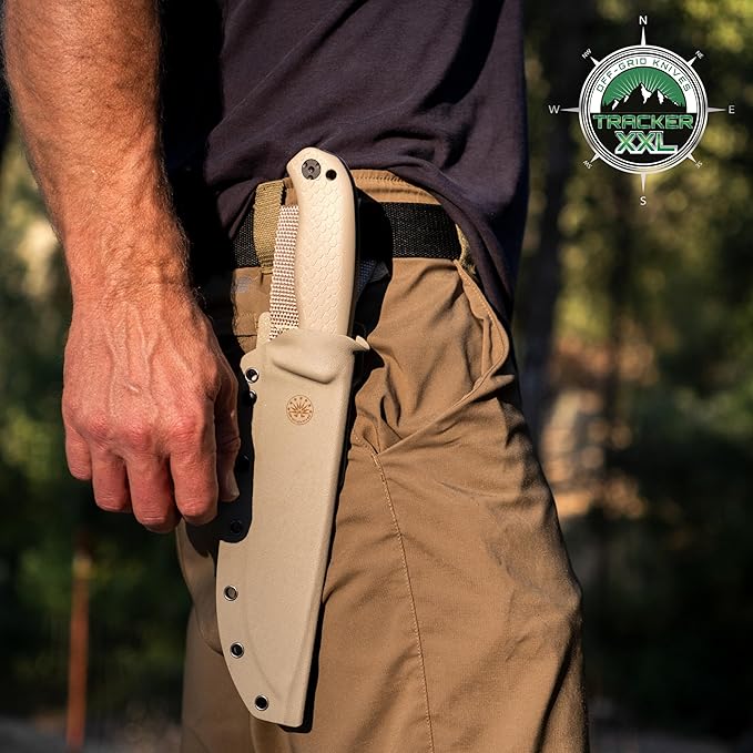 Off-Grid Knives - TRACKER-XXL Fixed Blade Knife Cryo D2 Blade Steel G10 Scales Kydex Sheath OG Lo-Pro Belt Attachment Chopping Camping Bushcraft Hunting Survival (Coyote)