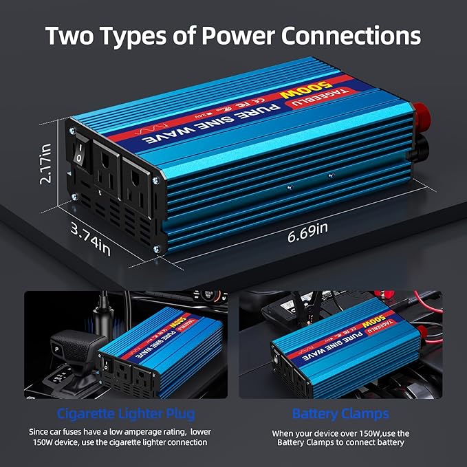 500W Pure Sine Wave Power Inverter DC 24V to 110V AC Converter with LCD Display Battery Clamps &amp Cigarette Lighter Plug Car Inverter with Dual AC Outlets for Vehicles RV Truck Camping Laptop CPA