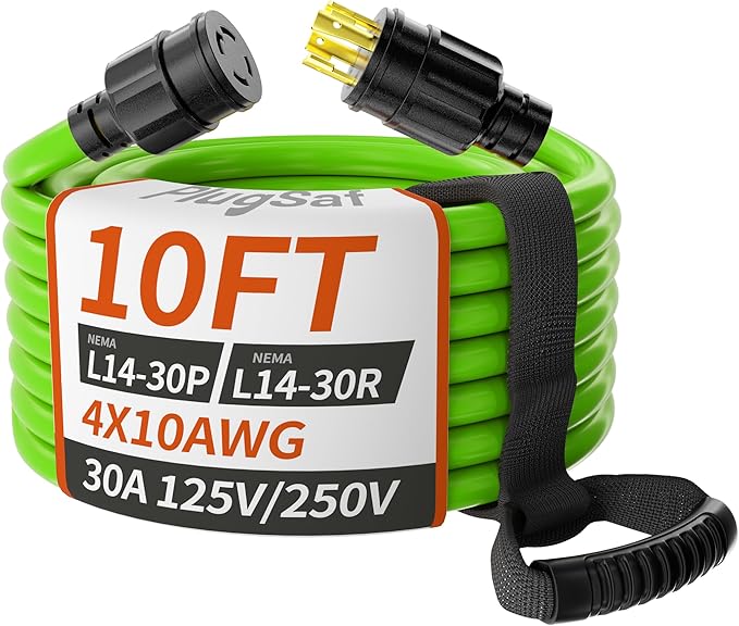 PlugSaf 10FT 30 Amp Generator Extension Cord 4 Prong NEMA L14-30P/L14-30R 10 Gauge STW 125/250V Twist Lock Generator Cord Heavy Duty Green ETL Listed