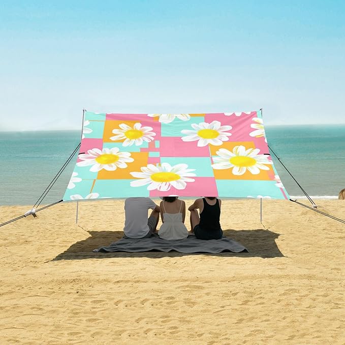 Beach Canopy with Windproof Ropes &amp Sandbags Beach Tent Sun Shade Sun Shelter for Camping Trips Fishing Backyard Fun or Picnics Daisy