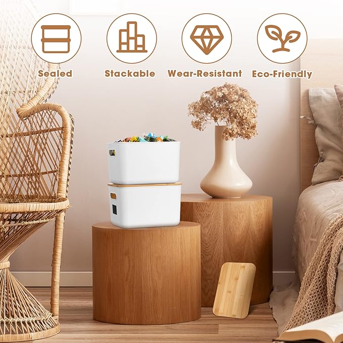 Geosar 6 Pcs Storage Bins with Bamboo Lids Plastic Storage Containers Stackable Box with and Handle with 6 Labels and Marker for Organizing Toys and More 10.1x7x6.69 In(WhiteClassic)