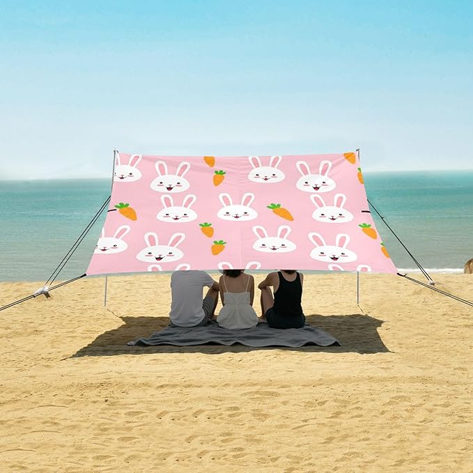 Beach Canopy with Windproof Ropes &amp Sandbags Beach Tent Sun Shade Sun Shelter for Camping Trips Fishing Backyard Fun or Picnics Bunny