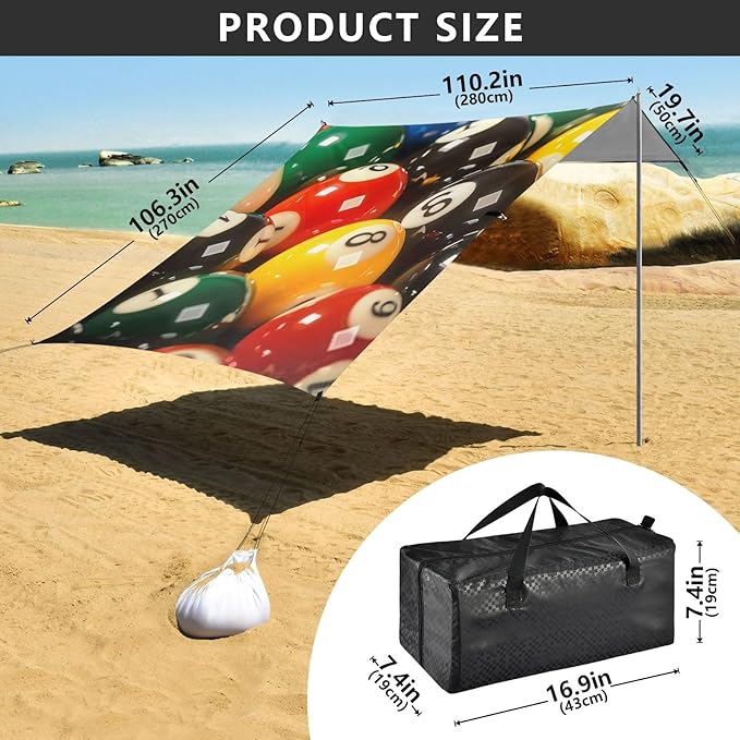 ALAZA Billiard Balls with Numbers Beach Tent Sun Shelter Portable Canopy Sunshade for Outdoor Camping Picnics Backyard Fun 10x9 ft