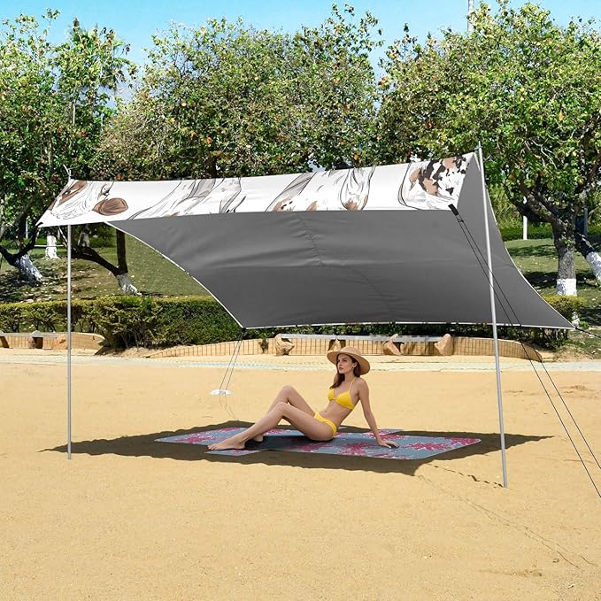Cow Foldable Beach Tent UPF50+ Waterproof Portable Sun Shelter with Sandbags Sand Shovel Poles for Camping Trips Fishing Backyard Fun or Picnics