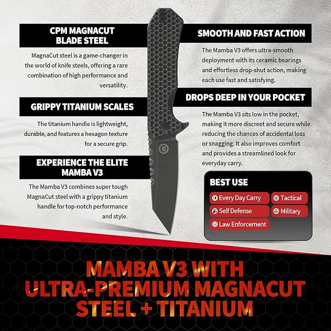 Off-Grid Knives - MAMBA V3 Large EDC Knife with MagnaCut Blade Steel Titanium Scales and Hardware Manual Ball Bearing Flipper Four Finger Grip Deep Pocket Carry (Blackout)