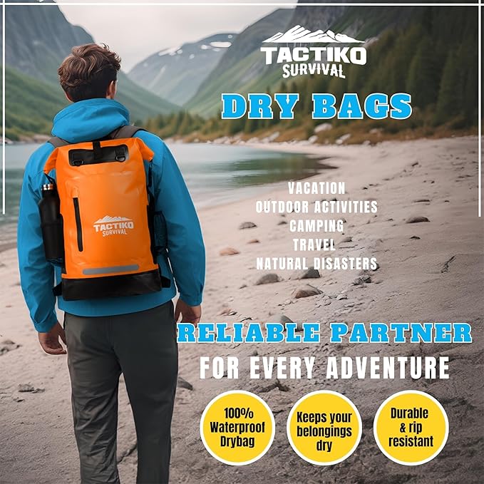Tactiko 30L 100% Waterproof Backpack &amp 2L Splashproof Tarpaulin Zipper Pouch - Roll Top Dry Bag for Watersports &amp Travel Bag - Protection from Water Mud Sand Outdoor Camping (Orange)