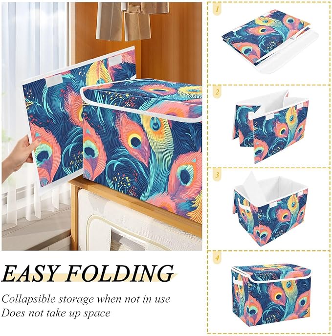 Storage Cube with Lid Pattern Feather Print 16.5×12.6×11.8 IN Collapsible Large Capacity Foldable Storage Basket Bin Organizer