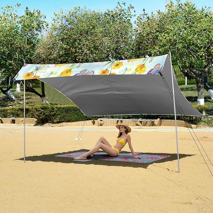 xigua Wildflowers Beach Tent Sun Shelter with Carrying Bag - Silver Coated Oxford Fabric Beach Canopy for Beach Camping Fishing - Includes Windproof Ropes Sandbags &amp Stakes