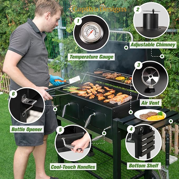 Captiva Designs Extra Large Charcoal BBQ Grill with Oversize Cooking Area(794 SQIN) Outdoor Cooking Grill with 2 Individual Lifting Charcoal Trays and 2 Foldable Side Tables
