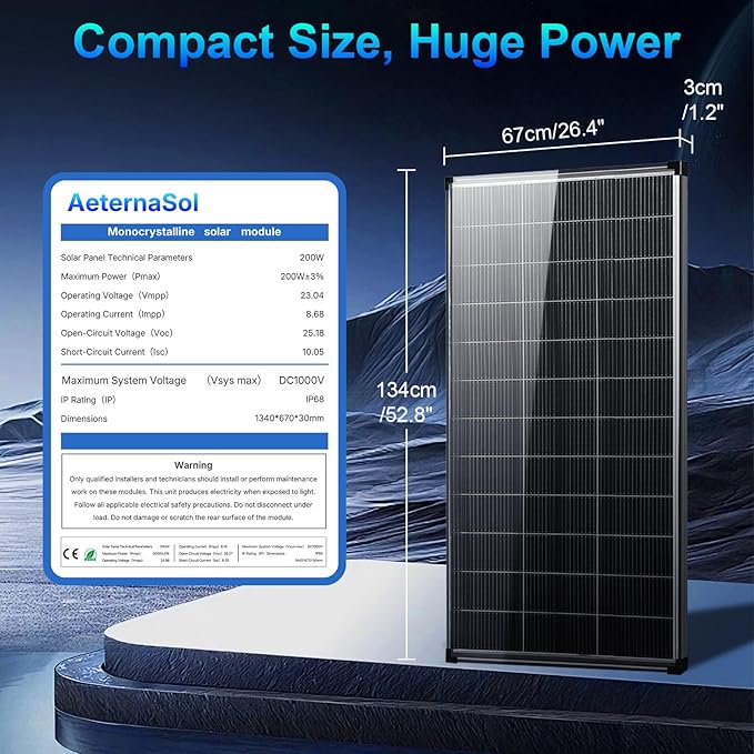 200 Watt Solar Panel18V 18BB N-Type A+ Monocrystalline Cell 25% High Efficiency 200W Solar Panels for Rooftop RV Farm Trailer Marine Home Off-Grid System (200W N-Type Bifacial Solar Panel)