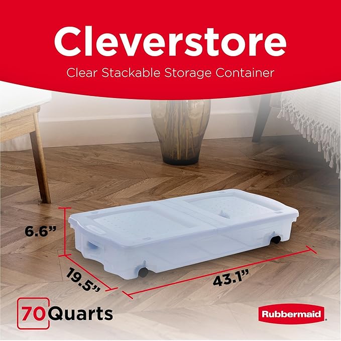 Rubbermaid 70 Quart Under the Bed Low Profile Storage Boxes with Dual Hinged Lids and Easy Rolling Caster Wheels Clear 2 Pack