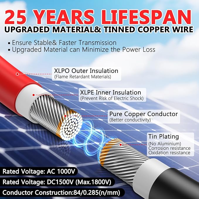 Vansdon 2x30 Feet Solar Panel Extension Cable 12AWG Solar Cable Solar Panel Cable with Female and Male Waterproof Connectors for RV Photovoltaic Systems (30FT Red + 30FT Black)
