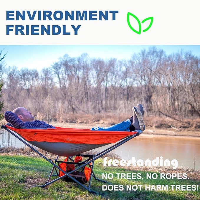 Portable Hammock with Stand World's Best Mock ONE® Hammock Compact Folding Framed Hammock with Adjustable Sunshade Canopy for Park Backyard Garden Camping Hiking Mountaineering Beaches- Orange