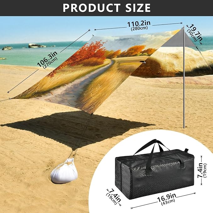 Beach Canopy with Windproof Ropes &amp Sandbags Beach Tent Sun Shade Sun Shelter for Camping Trips Fishing Backyard Fun or Picnics Autumn Landscape