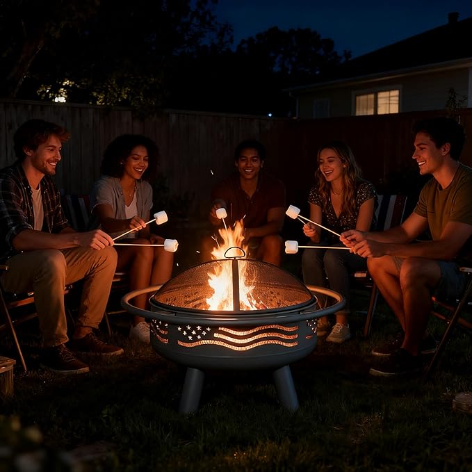 Breezz 32 Inch American Flag Fire Pit with Mesh Cover &amp Poker Round Metal Wood Burning Outdoor Firepit for Patio Garden Backyard Bonfire Ideal for 4th of July Memorial Day Christmas