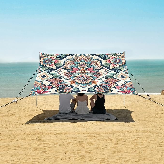 Bohemian Botanical Flowers Beach Tent Sun Shelter Set UPF50+ UV Protection 10.5 x 9.19 FT Camping Shade Canopy with Sandbags Sand Anchors Carrying Bag and Others