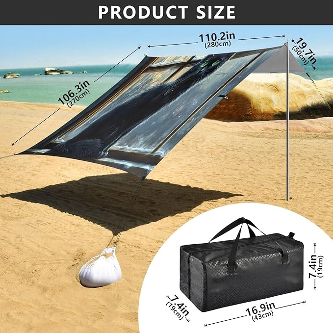 Black Cat Beside Windowsill Beach Tent Sun Shelter Set UPF50+ UV Protection 10.5 x 9.19 FT Camping Shade Canopy with Sandbags Sand Anchors Carrying Bag and Others