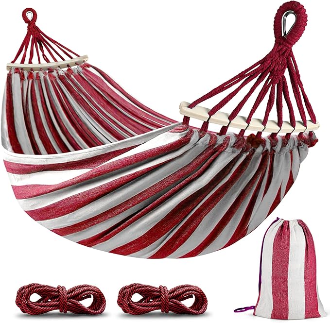 MOSFiATA Hammocks Portable Camping Hammock Upgraded 550lb Thickened Fabric Single Hammocks with Two Anti Roll Balance Beam and Tree Straps for Camping Patio Backyard Outdoor(Red White)