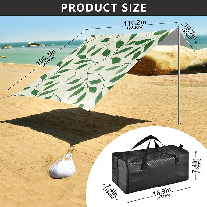 Beach Canopy with Windproof Ropes &amp Sandbags Beach Tent Sun Shade Sun Shelter for Camping Trips Fishing Backyard Fun or Picnics Leaves