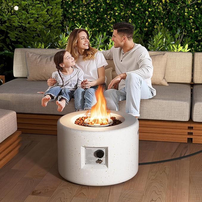 Tangkula Propane Fire Pit Table 25.5” Round Terrazzo Gas Fire Pit with Stainless Steel Burner &amp Lava Rocks Protective Cover &amp Tank Seat Included 40000 BTU Smokeless Fire Pit for Outside Pa