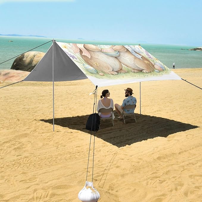 Beach Canopy with Windproof Ropes &amp Sandbags Beach Tent Sun Shade Sun Shelter for Camping Trips Fishing Backyard Fun or Picnics Easter Bunny