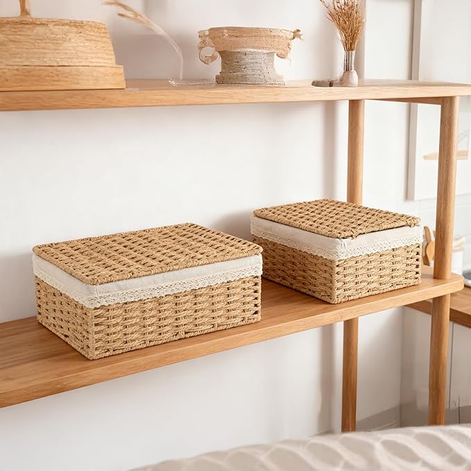 Nonam Large Basket with Lid set of 3 Rattan Divided Baskets Organizer for Shelf Natural Wicker Storage Basket Bins for Closet Boho Shelf Decor Covered Basket Home Storage Container