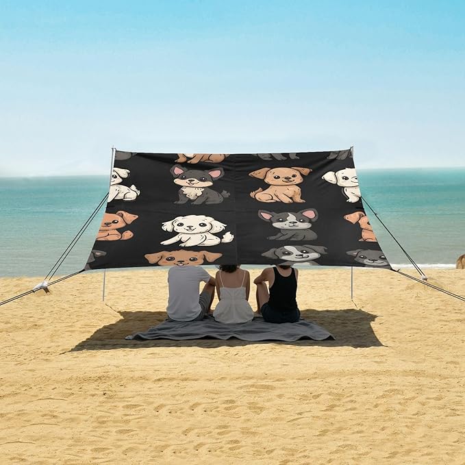 ALAZA Cute Puppy Dogs Print Beach Tent Sun Shelter UPF50+ Protection Beach Shade Canopy w/ 4 Sandbags for Outdoor Camping Fishing Backyard Fun Picnic 10x9 ft