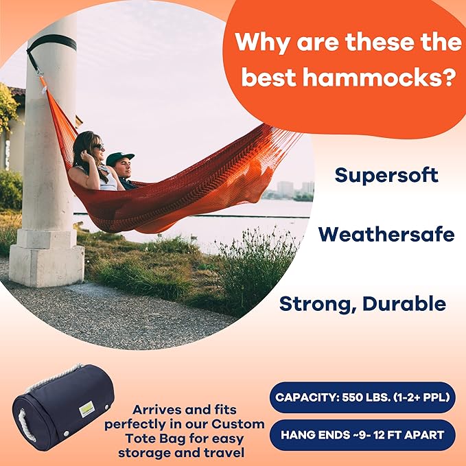 Handwoven Hammock by Yellow Leaf Hammocks - Family Size Fits 2+ PPL 550lb max - Weathersafe Super Strong Easy to Hang Ultra Soft Artisan Made - Color: Red - Orange