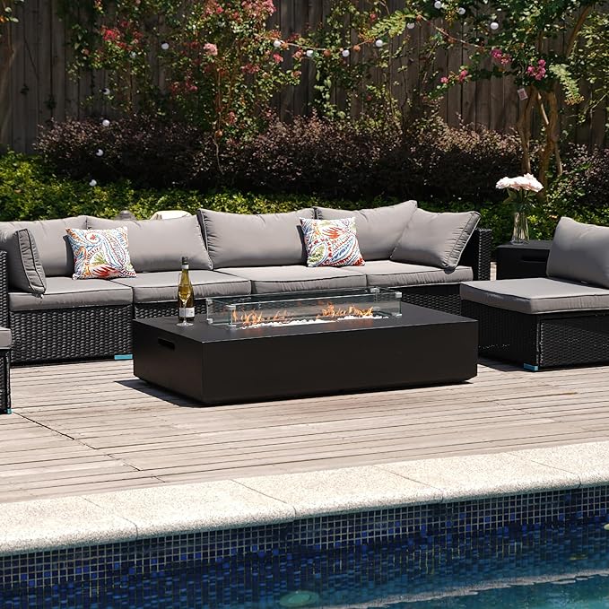 NAGA HABNA 56 Inch Propane Fire Pit Table Rectangle Outdoor Fire Table w Tank Table (50000 BTU) 3 Piece Gas Fire Pit in Black w Glass Wind Guard and White Fire Glass for Garden Pool Backyard