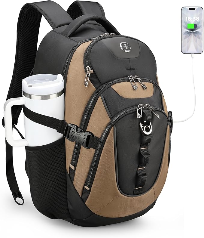 Swissdigital Design Laptop Backpack with USB Charging Port Travel Backpack Fits 15.6 inches Computer 31L College School Backpack for Men Tan/Black | SD803-34