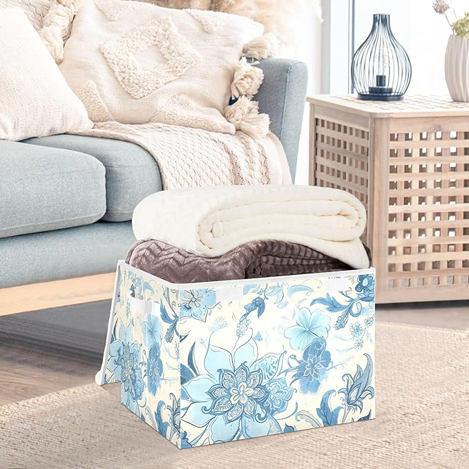 Blue Line Flowers Lidded Storage Bins with Handles - 16.5x12.6x11.8 Foldable Organizing Box Oxford Fabric &amp Honeycomb Board Dust-Proof Flip Lid for Closet/Office