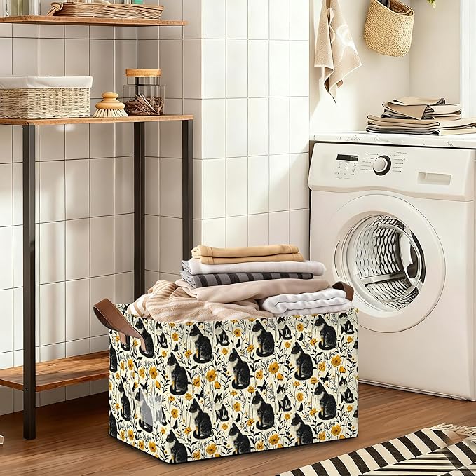 Black Cat Flower Storage Bin with Handles Basket Storage Organizer for Shelves Closet Nursery Book Laundry Hamper &amp Home Decor