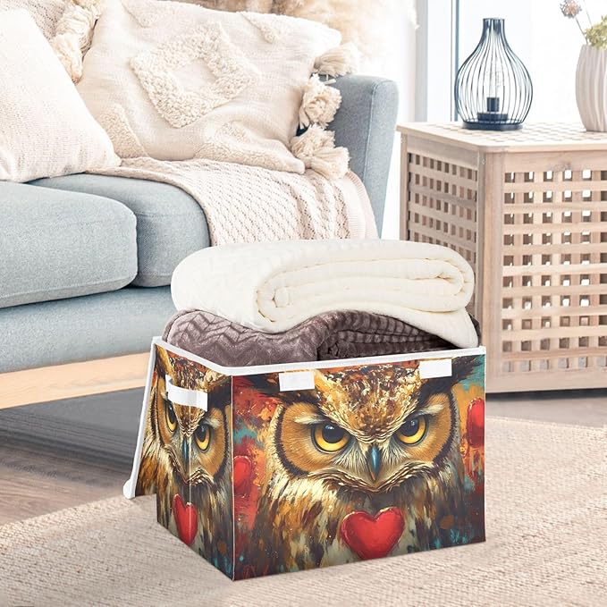 AIXIWAWA Lidded Storage Cube (Owl with Heart) Fabric Foldable Closet Bins with Flip Lid and Handles Organizer Basket Container 16.5 x 12.6 x 11.8 IN
