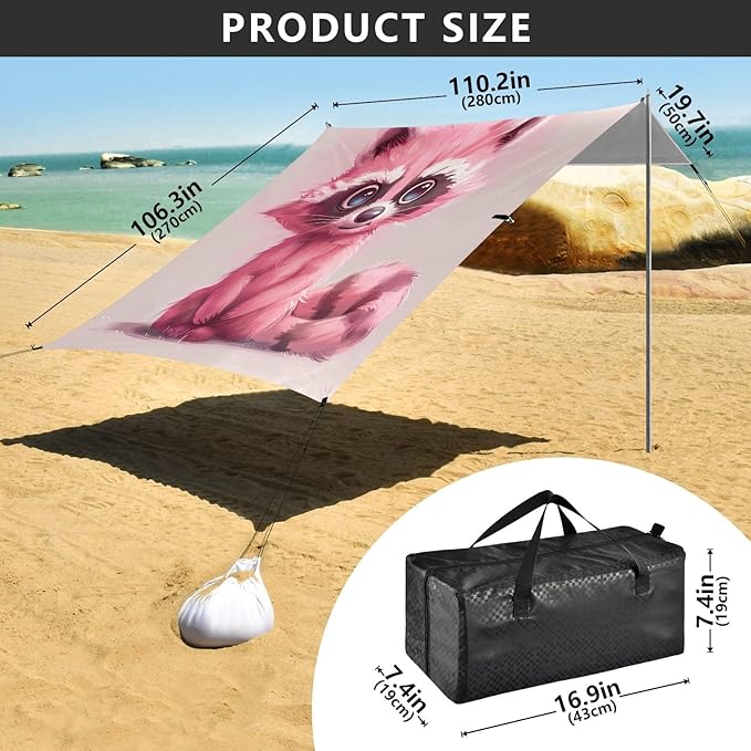 ALAZA Pink Raccoon Cartoon Beach Tent Sun Shelter UPF50+ Protection Beach Shade Canopy w/ 4 Sandbags for Outdoor Camping Fishing Backyard Fun Picnic 10x9 ft