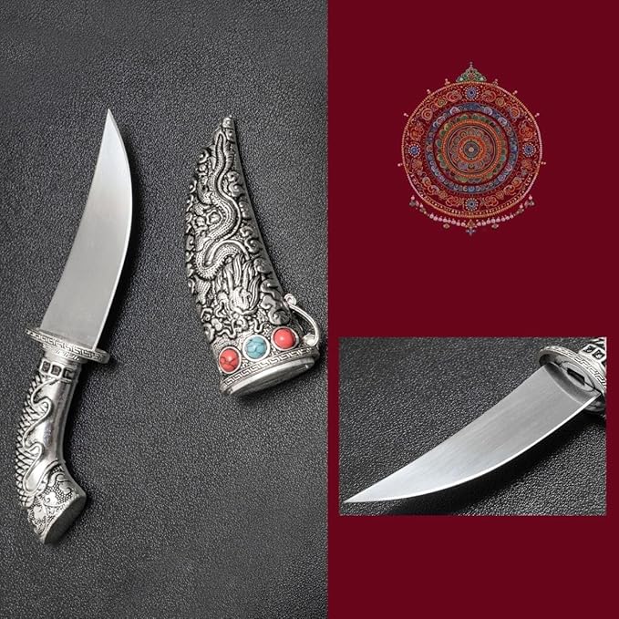 Fixed Blade Tanto Knife with Dragon Metal Sheath Compact Japanese Style Camping Knife Collectible EDC Knife with Gift Box for Men