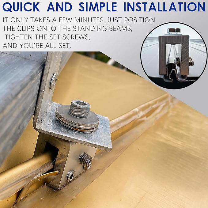 48 PCS Metal Roof Panel Clamps for Standing Seam Roofs Non-Penetrating Aluminum Brackets with Stainless Steel Screws for Solar Racking Systems Snow Guards and Heat Cables U-Shaped Base