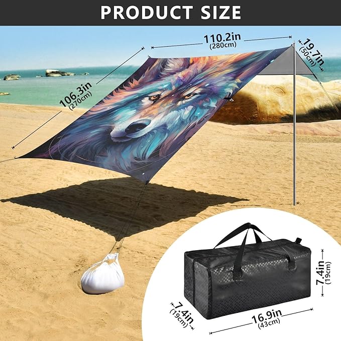ALAZA Wolf Galaxy Watercolor Beach Tent Sun Shelter Portable Canopy Sunshade for Outdoor Camping Picnics Backyard Fun 10x9 ft
