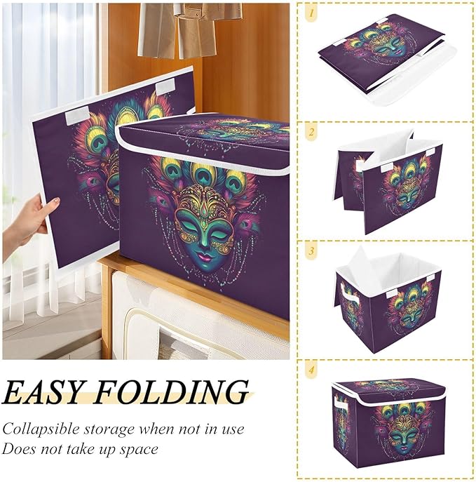 Mardi Gras Storage Baskets with Lids Carnival Mask Collapsible Bins Stackable Fabric Linen Baskets Closet Organizer Container 16.5x12.6x11.8