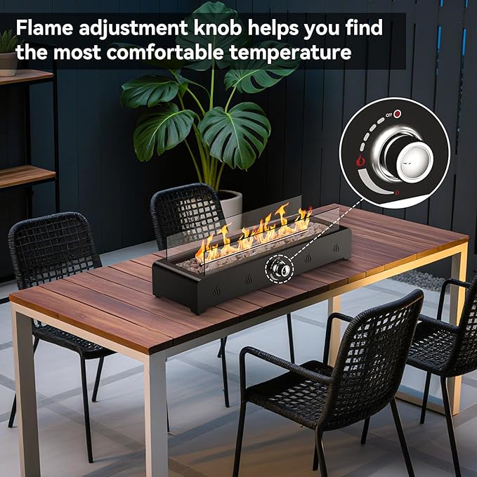 Onlyfire 28'' Tabletop Fire Pit Table Propane Gas Firepit Bottom Mounted for Table with Umbrella Hole Glass Wind Guard and Lava Rock Outdoor Rectangular Smokeless Fireplace