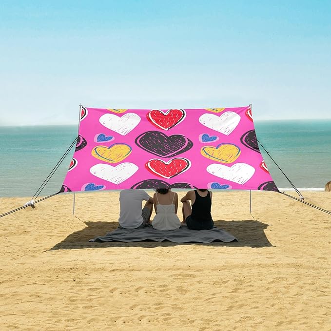 Beach Canopy with Windproof Ropes &amp Sandbags Beach Tent Sun Shade Sun Shelter for Camping Trips Fishing Backyard Fun or Picnics Heart