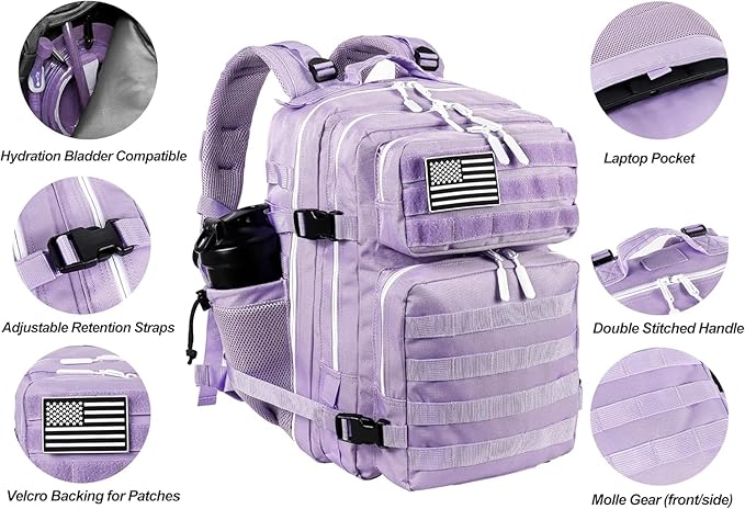 35L Hiking Tactical Backpack for Women Training Gym Fitness Bag Outdoor Camping Backpacks Travel Waterproof (Purple)