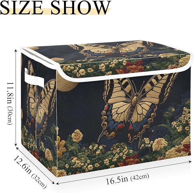 Storage Cube with Lid Floral Butterfly Moon Print 16.5×12.6×11.8 IN Collapsible Large Capacity Foldable Storage Basket Bin Organizer