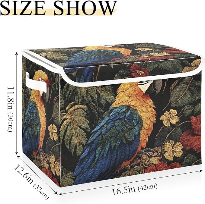 Storage Cube with Lid Jungle Parrot Print 16.5×12.6×11.8 IN Collapsible Large Capacity Foldable Storage Basket Bin Organizer