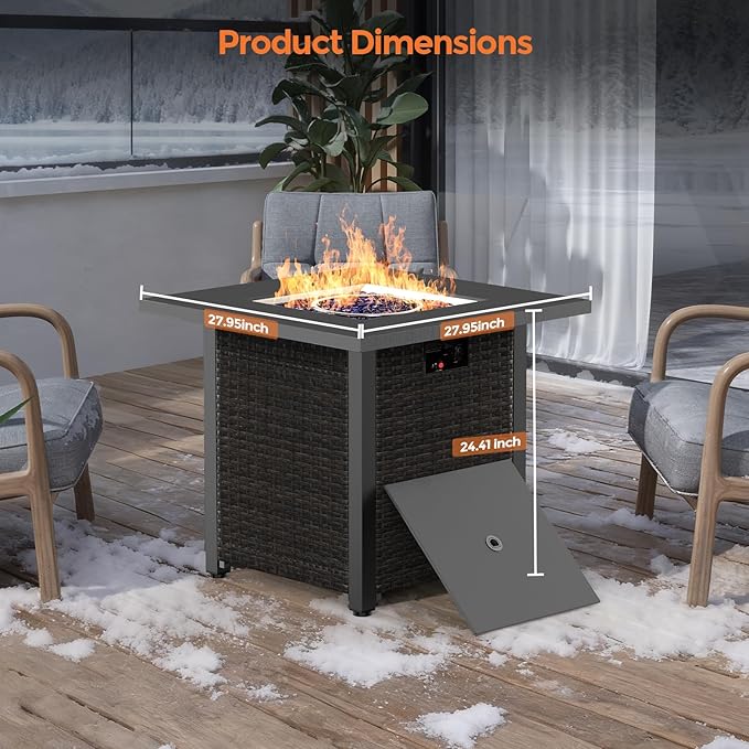 COWSAR 28 Rattan Square Propane Fire Pit Table 50000 BTU Outdoor Gas Fire Pit Includes Lid and Lava Rocks for Patio Deck Garden Warmth and Ambiance Black